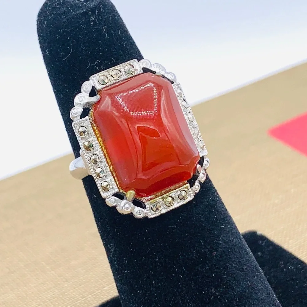 Red orange vintage costume ring NOS adjustable